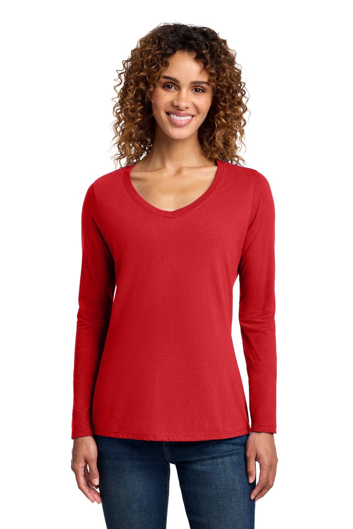 Port & Co Women's Long Sleeve Fan Favorite V-Neck Tee - Bright Red