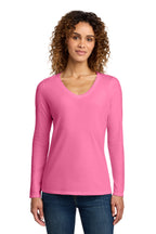 Port & Co Women's Long Sleeve Fan Favorite V-Neck Tee - New Pink