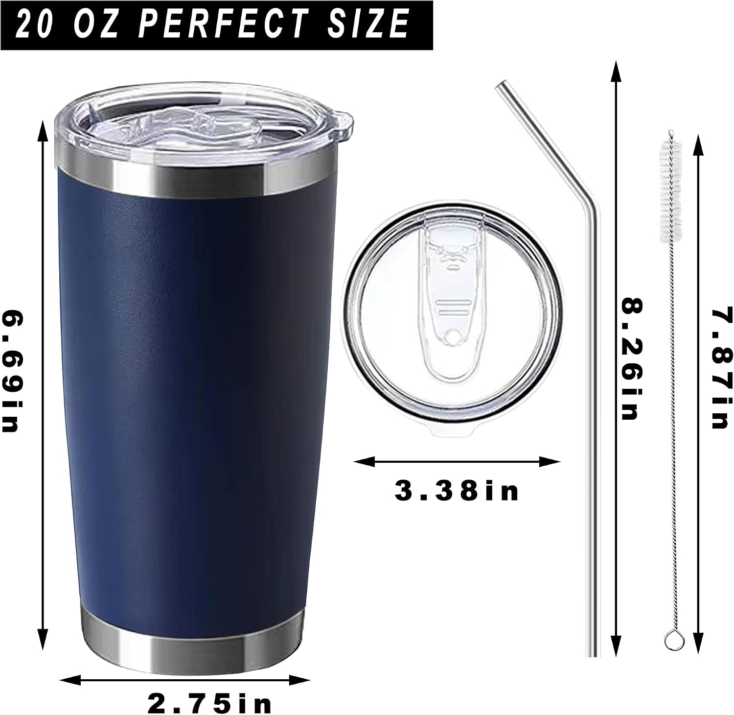 20 oz insulated stainless steel tumbler with push lid and metal straw