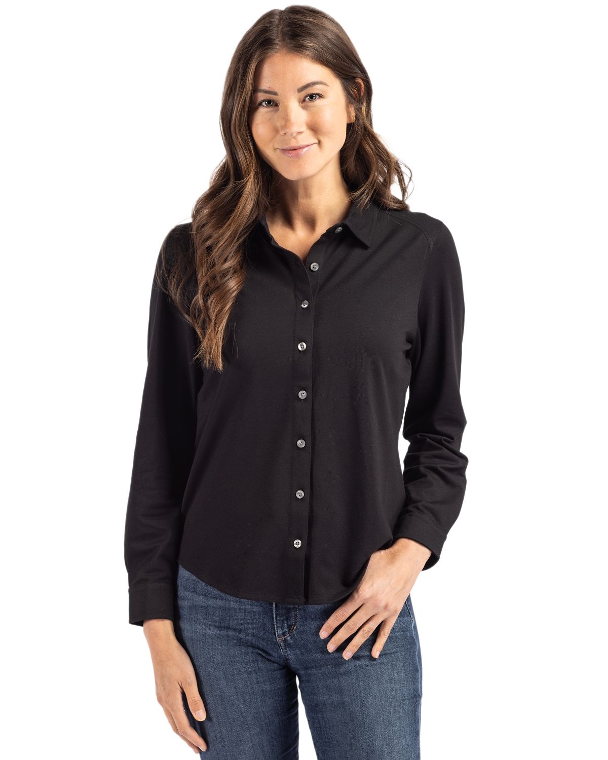 Cutter & Buck® Advantage Tri-Blend Eco Soft Pique Long Sleeve Knitted Womens Button Up
