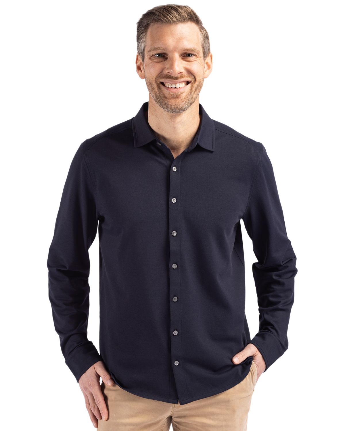 Cutter & Buck® Advantage Tri-Blend Eco Soft Pique Long Sleeve Knitted Mens Button Up