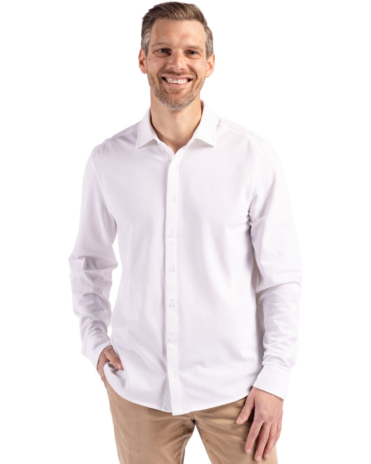 Cutter & Buck® Advantage Tri-Blend Eco Soft Pique Long Sleeve Knitted Mens Button Up