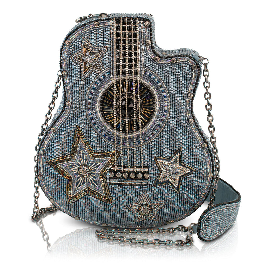 Stars & Strings Beaded Denim Blue Guitar Crossbody Handbag