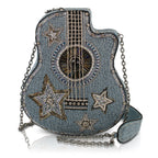Stars & Strings Beaded Denim Blue Guitar Crossbody Handbag