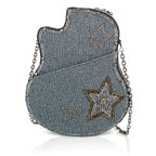 Stars & Strings Beaded Denim Blue Guitar Crossbody Handbag