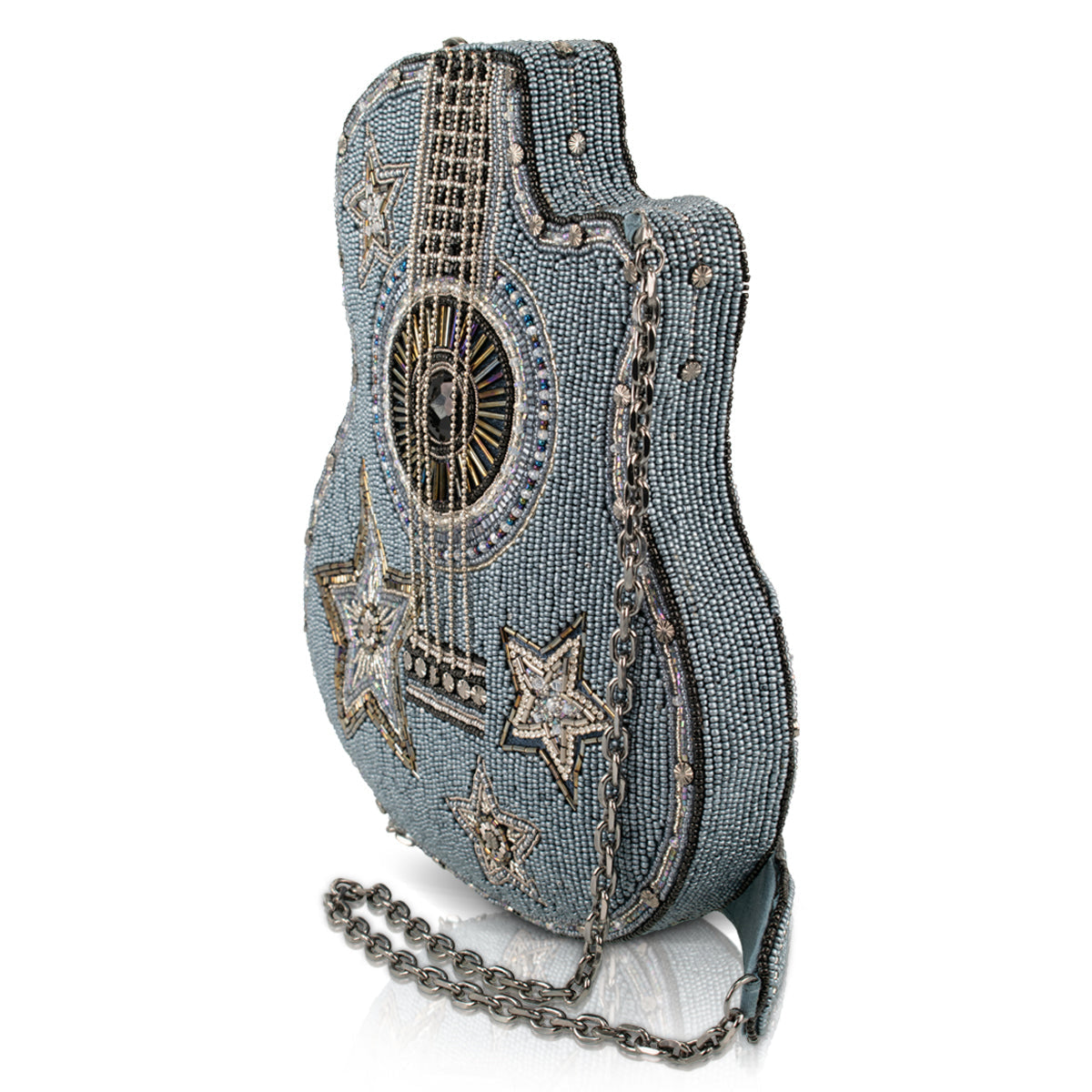 Stars & Strings Beaded Denim Blue Guitar Crossbody Handbag