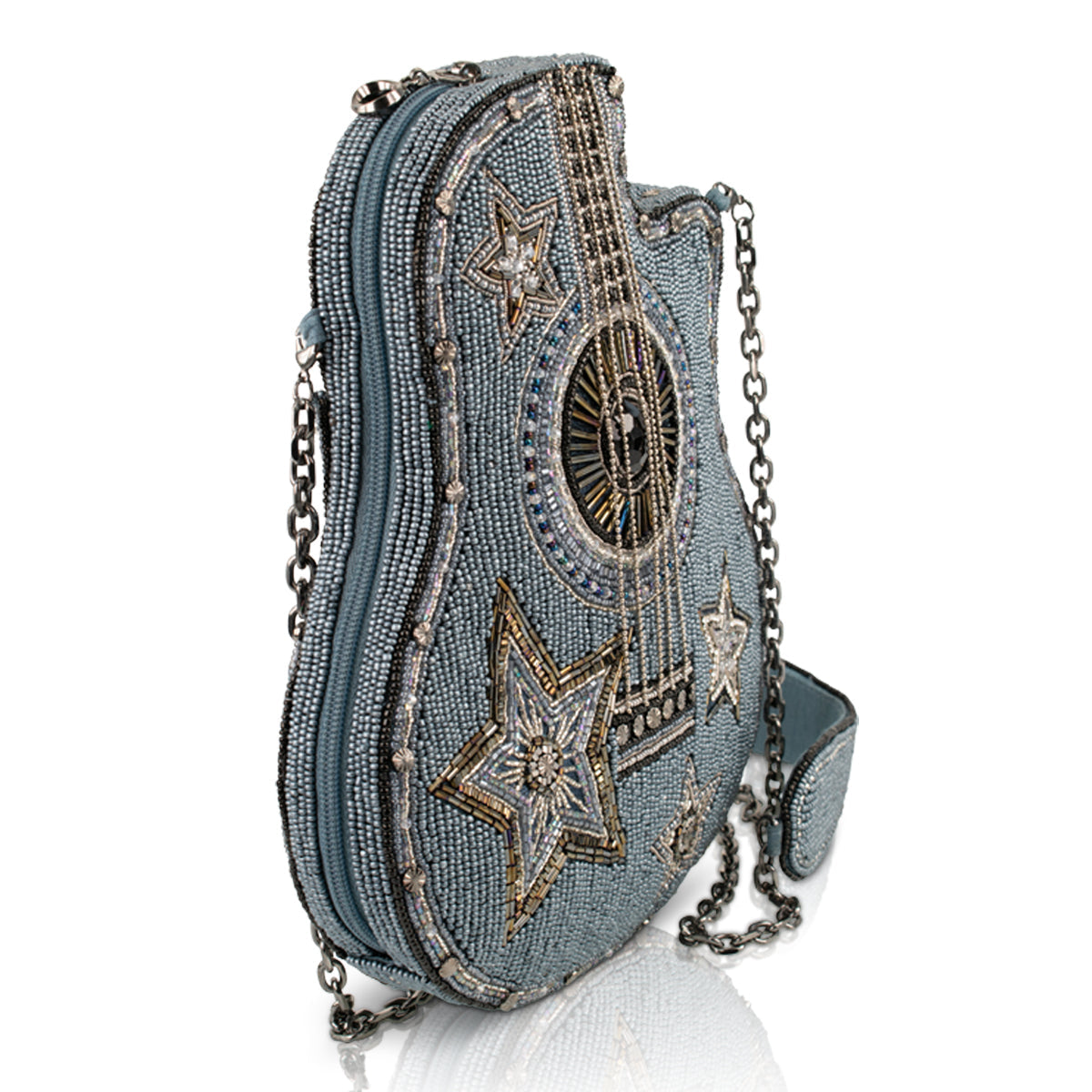 Stars & Strings Beaded Denim Blue Guitar Crossbody Handbag