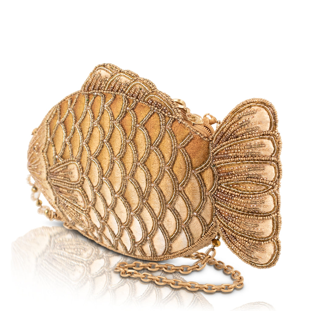 Fresh Catch Gold Beaded Fish Crossbody Handbag