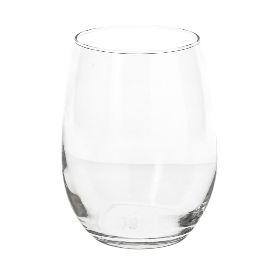 Clear stemless wine glass detail